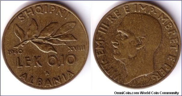 Italian occupation, 0,10 Lek, 1940, Rome