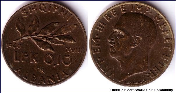 Italian occupation, 0,10 Lek, 1940, Rome