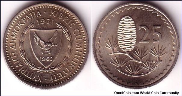 Cyprus, 25 Mils 1971, copper-nichel