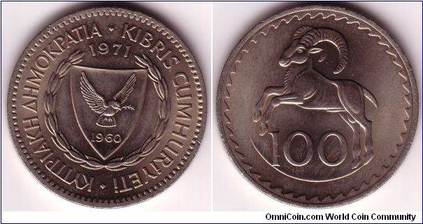 Cyprus, 100 Mils 1971, Cyprus mouflon