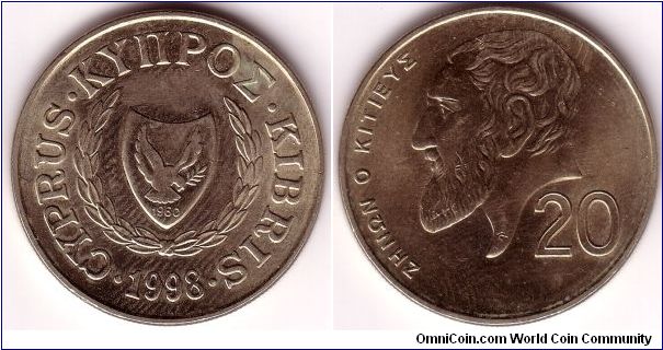 Cyprus, 20 Cents 1998, Zenon Kitieus' face