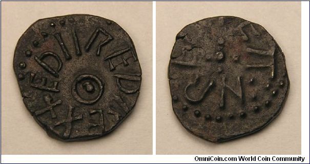 AE Sceat of Aethelred II, King of Northumbria 841-844 AD. Obv: EDLLRED REX
Rev: EANRED (moneyer)