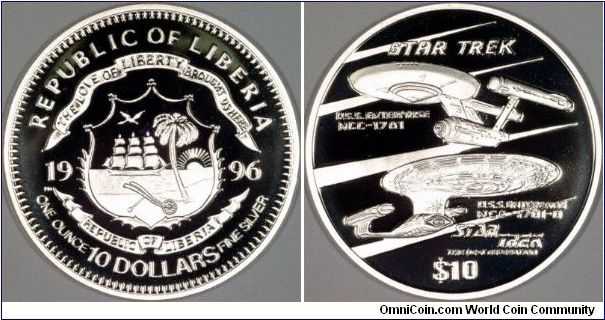 Liberian silver proof coin with the Starship enterprise from Star Trek.
Is this slightly gimmicky?
There are others is the series with characters from Star Trek.