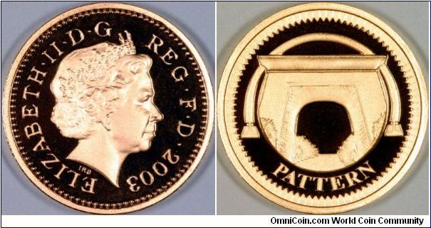 Gold official pattern proof previewing the 2006 pound coin with a Northern Ireland theme, the Egyptian Arch bridge on the Dublin - Belfast railway line.