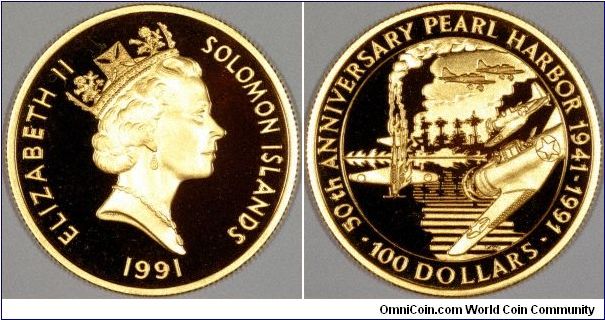 Gold proof $100, part of 4 coin set commemorating the 50th anniversary of the Battle of Pearl Harbour in 1941.
