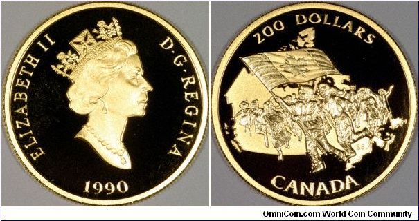 Canadian gold proof $200 coin, issued for the Silver Jubilee - 25th Anniversary of the Canadian National Flag.