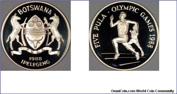 Silver proof 5 pula crown, for the 1988 Seoul Olympics.
Does anybody know what the word IPELEGENG means, which appears on this and many other Botswanan coins?