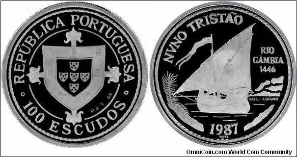 Palladium 100 Escudos, issued as part of a prestige set of 4 coins, 1 each in gold, silver, platinum and palladium, commemorating Portuguese navigators and discoverers.