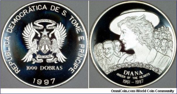 Silver proof 1,000 Dobras, commemorating Diana - Queen of the Hearts 1961 - 1997.