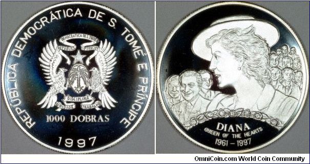 Silver proof 1,000 Dobras, commemorating Diana - Queen of the Hearts 1961 - 1997.