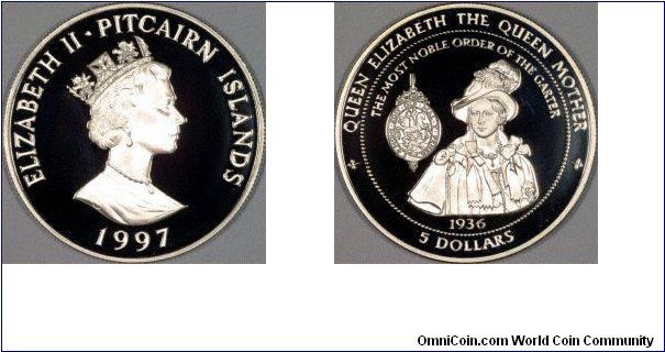 Silver proof $5, part of a worldwide numismatic tribute to the Queen Mother as the Lady of the Century issued during the mid 1990's. We are not sure this should be listed under Micronesia, but there is no Pitcairn country heading.