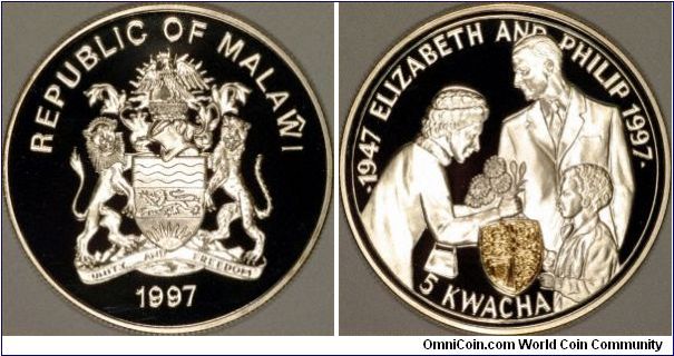 Silver proof 5 Kwacha issued for the Golden Wedding of Queen Elizabeth II and Prince Philip.