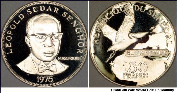 Silver proof 150 francs, with Leopold Sedar Senghor, the first president of Senegal, and the reverse shows a pelican flying over an outline map of Africa and Europe. Commemorates the 25th anniversary of the Eurafrique project.