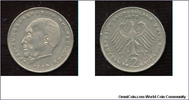 1973, Germany. 2 mark. Konrad Adenauer. 20th Anniversary - Federal Republic (1949-1969)