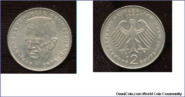 1990, Germany. 2 mark. Dr. Kurt Schumacher. 30th Anniversary - Federal Republic (1949-1979).