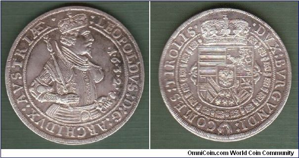 Leopold Thaler
Obverse: Leopold, by the grace of God Archduke of Austria
Reverse: Duke of Burgandy, Count of Tyrol - Silver