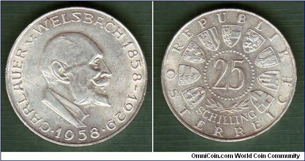 25 Schilling - Silver - 100th Anniversary of birth of Auer von Welsbach