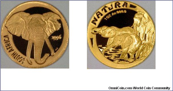 Elephants are the theme of the 1996 South African gold Natura proof set, of which this is the 1 ounce version.
Reminder: all our images are copyright.