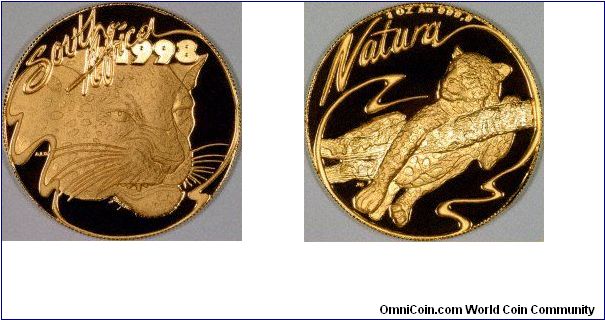 The leopard is the theme of the 1998 South African Natura gold proof set, and the last of the Big 5 series.
