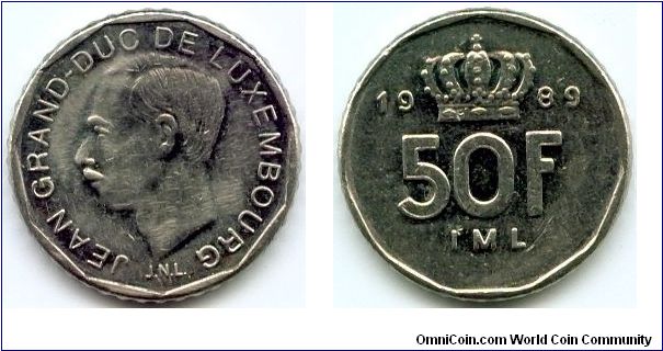 Luxembourg, 50 francs 1989.
Grand Duke Jean.