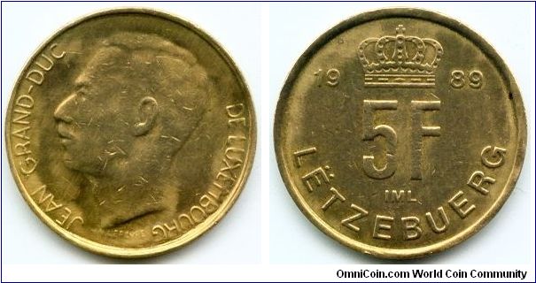 Luxembourg, 5 francs 1989.
Grand Duke Jean.