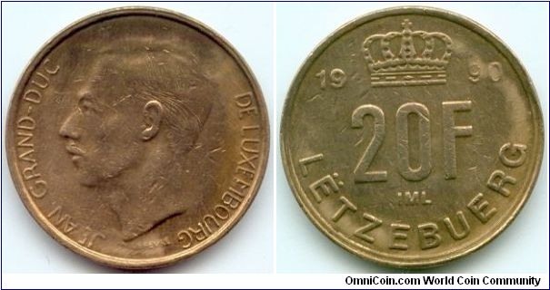 Luxembourg, 20 francs 1990.
Grand Duke Jean.