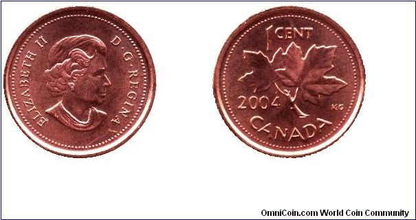 Canada, 1 cent, 2004, Maple twig, Elizabeth II, brand new design.                                                                                                                                                                                                                                                                                                                                                                                                                                                   