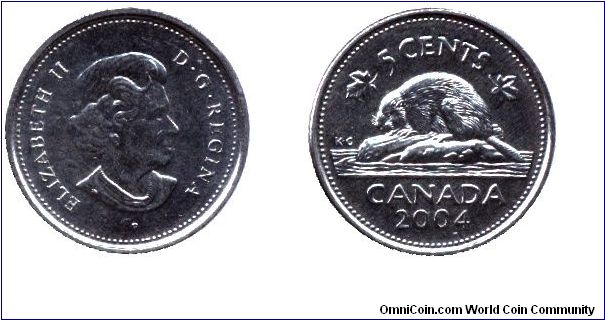 Canada, 5 cents, 2004,  Beaver, Elizabeth II, new design.                                                                                                                                                                                                                                                                                                                                                                                                                                                           