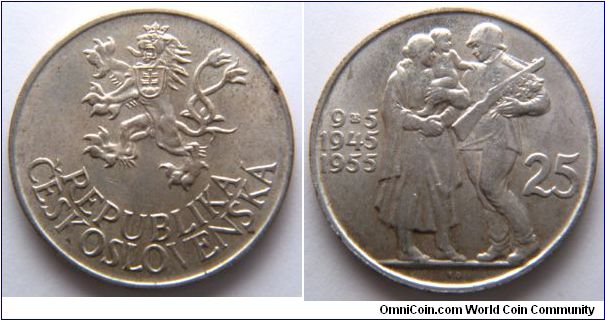 Czechoslovakia, 25 korun, 1955, 10th Anniversary of Liberation
