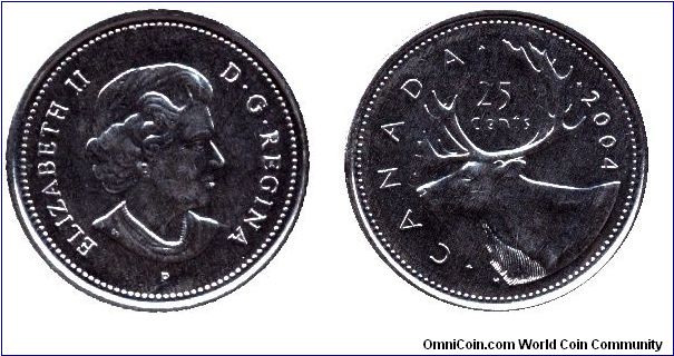 Canada, 25 cents, 2004, Caribou, Elizabeth II, new design.                                                                                                                                                                                                                                                                                                                                                                                                                                                          