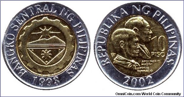 Philippines, 10 piso, 2002, Apolinario Mabini and Andres Bonifacio, bi-metallic                                                                                                                                                                                                                                                                                                                                                                                                                                     