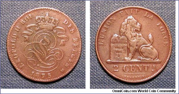 1875 Belgium 2 Cents