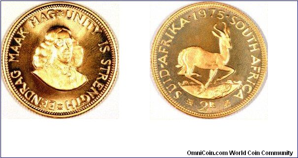 Proof 2 Rand gold coin, the 1 Rand is similar, issued in sets of 2 coins, also as part of long sets with silver 1 rand and 7 other base metal coins down to half cent.