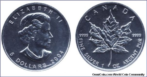 Canada, 5 dollars, 2004, Ag, Queen Elizabeth II, new design, Maple leaf, bullion issue                                                                                                                                                                                                                                                                                                                                                                                                                              