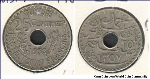 25 Tunisian cents
issued 1938
from in Baii Ahmed