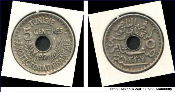 5 Tunisian Cents, Issued 1920 , From Baij Mohamed El-Nasser