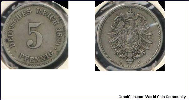 5 GERMAN Penning Issued 1889