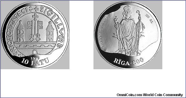 Face value: 10 lats.
Measurements: diameter 38.61 mm, weight 31.47 g.
Material: silver, fineness .925.

Obverse
A motif of the seal of Riga Town Council (1226) - walls of a medieval town, St. Peter's keys, and a crosier - is featured in the centre of the coin by matting the metal to different degrees. The year 1995, numeral 10 and inscription LATU (lats) are placed beneath the motif.
Reverse
The picture of Bishop Albert as depicted on his seal is featured by matting the metal to different