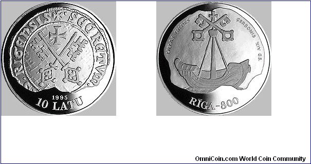 Face value: 10 lats.
Measurements: diameter 38.61 mm, weight 31.47 g.
Material: silver, fineness .925.

Obverse
A motif of the secret seal of Riga Town Council (1368) depicting the small coat of arms of Riga - the city's keys crowned with the Livonian Order's cross - is featured in the centre of the coin by matting the metal to different degrees. The year 1995, numeral 10 and inscription LATU (lats) are placed beneath the motif.
Reverse
A motif of the Great Guild's coat of arms (1354) - a