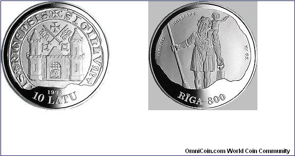 Face value: 10 lats.
Measurements: diameter 38.61 mm, weight 31.47 g.
Material: silver, fineness .925.

Obverse
A motif of the seal of Riga Town Council depicting Riga's coat of arms - the city's portal with a roof between two towers, and a lion's head under the raised gates - is featured in the centre of the coin by matting the metal to different degrees. The year 1996, numeral 10 and inscription LATU (lats) are placed beneath the motif.
Reverse
The hero of a Latvian legend Lielais Krist
