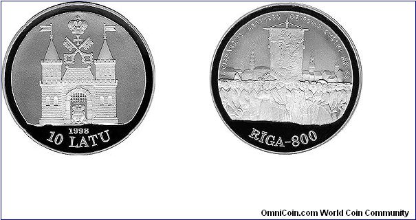 Face value: 10 lats.
Measurements: diameter 38.61 mm, weight 31.47 g.
Material: silver, fineness .925.

Obverse
Riga's coat of arms of the 19th century is featured in the centre of the coin by matting the metal to different degrees. The year 1998, numeral 10 and inscription LATU (lats) are placed beneath the motif.
Reverse
A procession of the Latvian song festival is depicted in the centre of the coin by matting the metal to different degrees. The inscription I VISPAREJIE LATVIESU DZIESMU