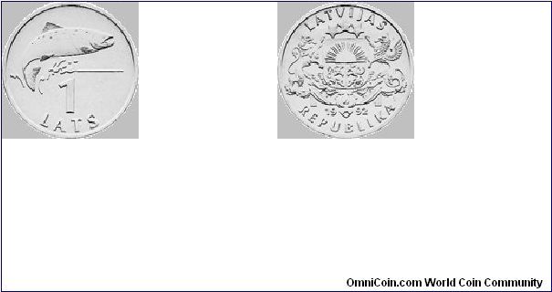 Measurements: diameter 21.75 mm; weight 4.80 g.
Material: cupro-nickel.

Obverse
The large coat of arms of the Republic of Latvia, with the year 1992 inscribed below, is placed in the centre. The inscriptions LATVIJAS and REPUBLIKA, each arranged in a semicircle, are above and beneath the central motif, respectively.
Reverse
A salmon, the symbol of Latvia's abundant water resources, is shown jumping out of the water from left to right. The numeral 1, with the inscription LATS in a semicirc