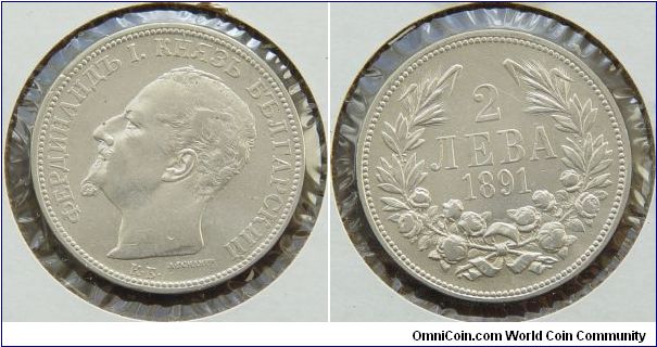 An 1891 2 Leva Coin from Bulgaria Silver