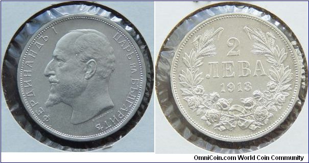 A 1913 2 leva Coin from Bulgaria Silver mint state