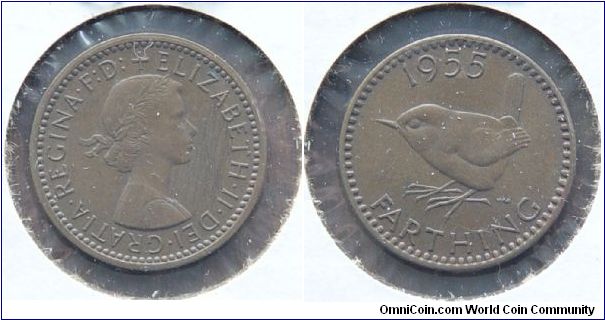 A 1955 British Farthing (One Quarter Penny) AU penultimate year of issue