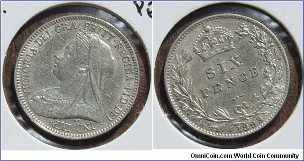 An 1893 British Sixpence (Silver)Old Head XF