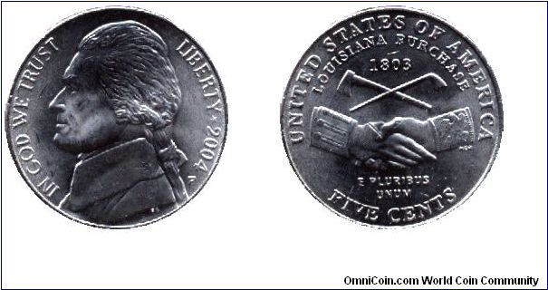 USA, 5 cents, 2004, Louisiana purchase 1803, Jefferson.                                                                                                                                                                                                                                                                                                                                                                                                                                                             