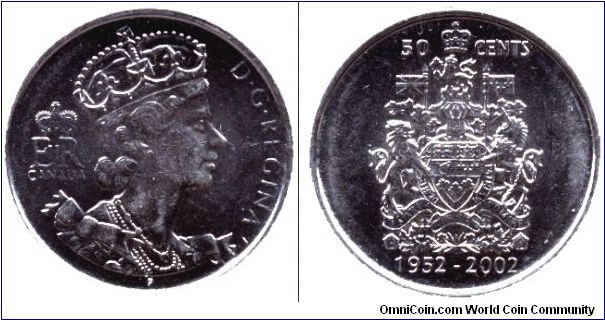 Canada, 50 cents, 2002, 1952-2002 fiftieth anniversary of reign, Elizabeth II.                                                                                                                                                                                                                                                                                                                                                                                                                                      