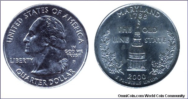 USA, 1/4 dollar, 2000, MM: P, Maryland - 1788, The Old Line State, Washington.                                                                                                                                                                                                                                                                                                                                                                                                                                      