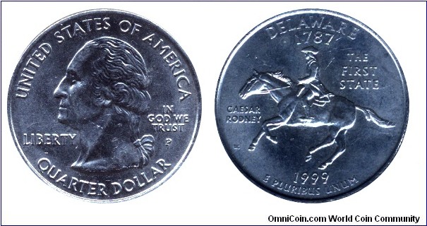 USA, 1/4 dollar, 1999, MM: P, Delaware - 1787, The first State, Caesar Rodney, Washington.                                                                                                                                                                                                                                                                                                                                                                                                                          